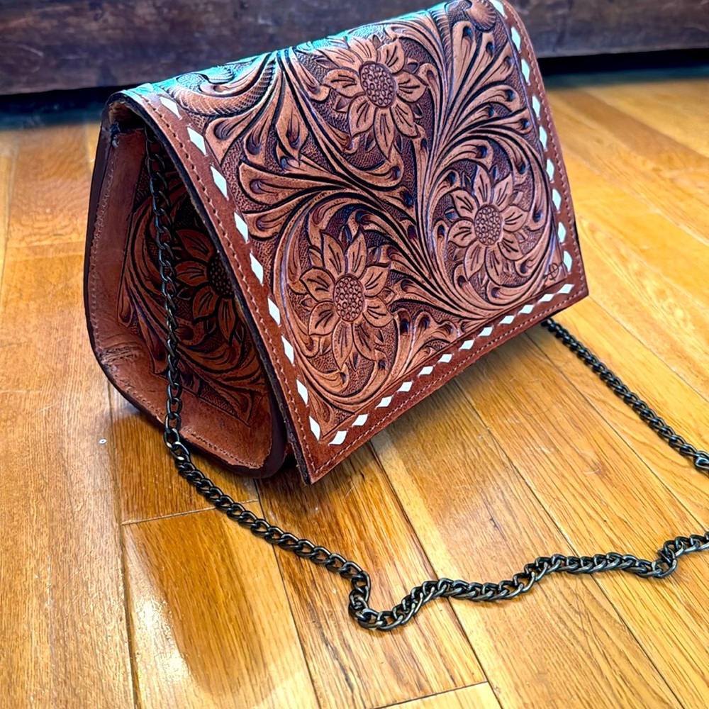 American Darling She’s Chained To Me Brown Tooled Leather Crossbody
